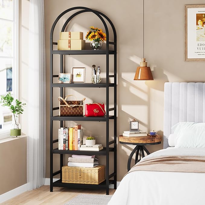 Tribesigns 5-Tier Open Bookshelf, 74.4" Wood Bookcase Storage Shelves with Metal Frame, Freestanding Display Rack Tall Shelving Unit for Office, Bedroom, Living Room, Easy Assembly(Black, 1PC)