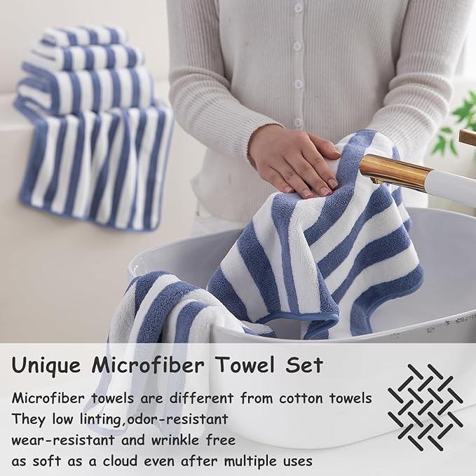 18 Pcs Blue White Stripe Family Towels Set with Hanging Loop-6 Bath Sheets,6 Hand Towels,6 Washcloths Ultra Soft Bathroom Towel Highly Absorbent Quick Dry Shower Towel for Beach Chair,Spa,Gym,Hotel
