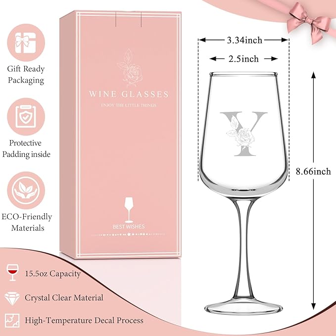 Monogrammed Wine Glass Gifts for Women - Personalized A-Z Wine Glasses with Gift Box & Greeting Card | Custom Mothers day, Anniversary, Birthday Gifts for Her, Mom, Wife, Best Friend, Sister,Woman (Y)
