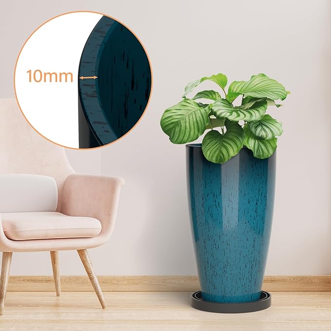ZMTECH 21 Inch Tall Plant Pots for Indoor & Outdoor Use Set of 2, Large Plastic Planters with Removable Tray for Outside with Drainage Holes for Front Porch Patio Garden, Dark Teal Blue