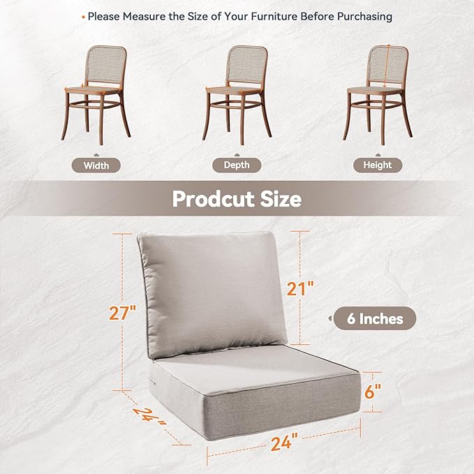 Luxury 6" Outdoor Cushions for Patio Furniture, 24x24x6 Thick Seat Cushion Set of 5, Fade Resistant Couch Chair Replacement Cushions High Density Deep Wicker Chair Cushion w/Removable Cover, Beige