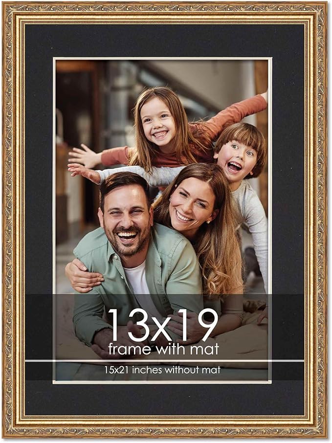 13x19 Frame with Mat - Antique Gold 15x21 Frame Wood Made to Display Print or Poster Measuring 13 x 19 Inches with Black Photo Mat