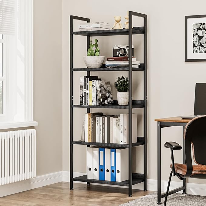 NUMENN Bookshelf, 5 Tier Bookshelves, Home Office Bookcase Shelf Storage Organizer, Free Standing Storage Shelving Unit for Bedroom, Living Room and Home Office, Carbon Fibre