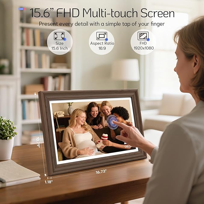 NexFoto Touchscreen Digital Picture Frame 15.6'', FHD WiFi Digital Photo Frame, 64GB Wood Electronic Picture Frame, Add Photos from Google Photos, Share Videos, for Mom, Birthday, Walnut