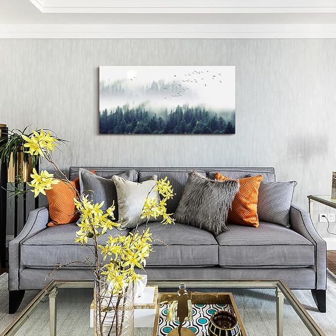 Canvas Wall Art for Living Room - Misty Forests of Evergreen Coniferous Trees in an Ethereal Landscape - Modern Home Decor The bedroom wall art Stretched and Framed Ready to Hang 24" x 48" wall decor