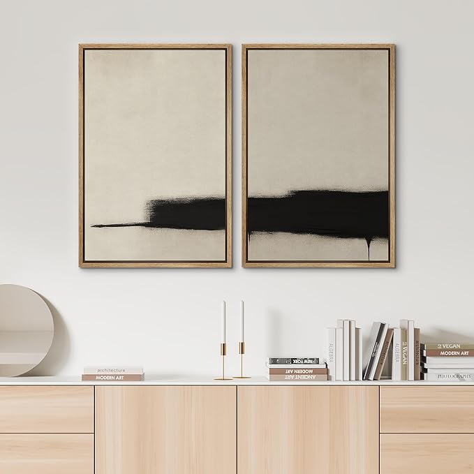 SIGNWIN Framed Wall Art Print Set Minimalist Black Brushstroke Abstract Neutral Beige and Black Illustrations Modern Art Rustic Relax/Calm for Living Room, Bedroom, Office - 24"x36"x2 NATURAL