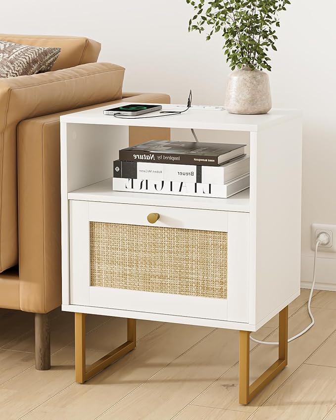 Rattan Nightstand with Charging Station, Mid Century Modern Night Stand,Boho Farmhouse Wood Bedside Table with Storage and Open Shelf, End Side Accent Table for Bedroom,Living Room,White