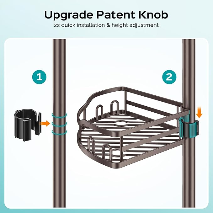 HAMITOR Corner Shower Caddy Tension Pole: Rustproof Stable 4-Tier Bathroom Organizer Shelves for Bathtub Shampoo Storage - 47-121 Inch Quick Install Adjustable Standing Rack with Soap Rack - Bronze