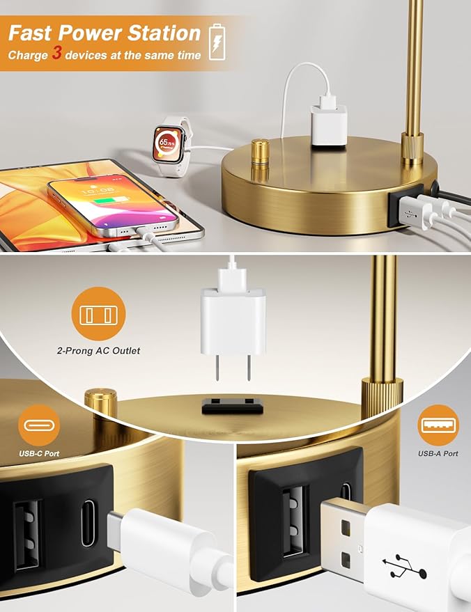 Gold Table Lamp with USB Port and Outlet, Dimmable Nightstand Bedside Lamps with Linen Lampshade, Desk Lamp for Bedroom, Living Room, Guest Room, Home Office, LED Bulb Included