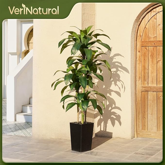 6FT Artificial Dracaena Tree - UV Resistant Faux Tropical Plant, Potted Fake Tree with Taper Planter & Pebbles - Indoor Outdoor Greenery for Home, Porch, Living Room, Bedroom Decor, VN127