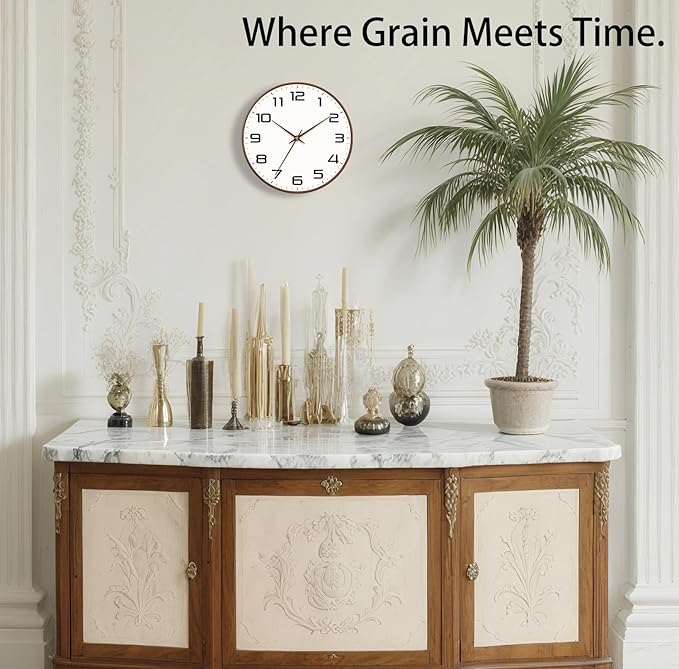 Woodgrain Wall Clock–Silent Non-Ticking Wall Clocks Battery Operated 8 Inch, Large Easy-to-Read Numbers Modern Modern Analog Clock for Bedroom Living Room Kitchen Office Gym (Brown)