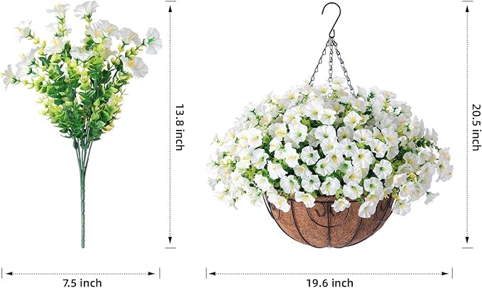 Artificial Fake Hanging Flowers Plants Baskets for Outdoor Decoration, Faux Silk Morning Glory in Planter UV Resistant Realistic for Home Outside Porch Patio Balcony Garden Yard, White