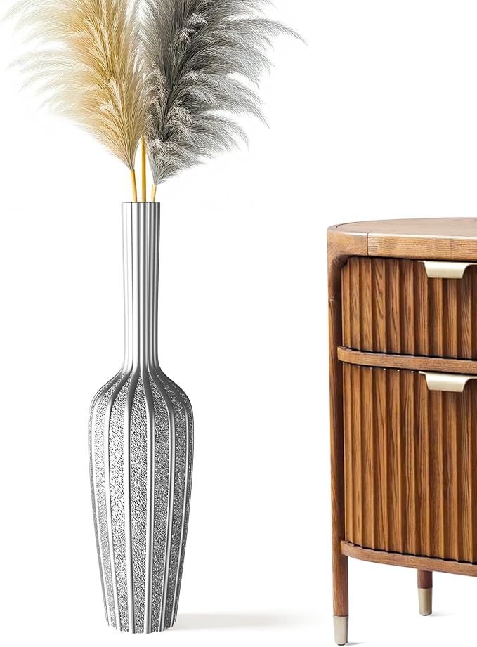 Elegant Silver Floor Vase - 23.62 Inch Tall Decorative Vase for Dried Flowers & Home Décor, Resin Tall Floor Vase