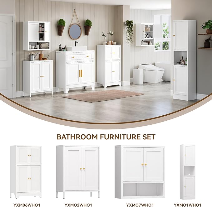 Metal Bathroom Cabinet with Glass Doors,Bathroom Floor Storage Cabinet with 2 Adjustable Shelves & 2 Doors, Sideboard for Small Spaces, Living Room, Dining Room, Home Office