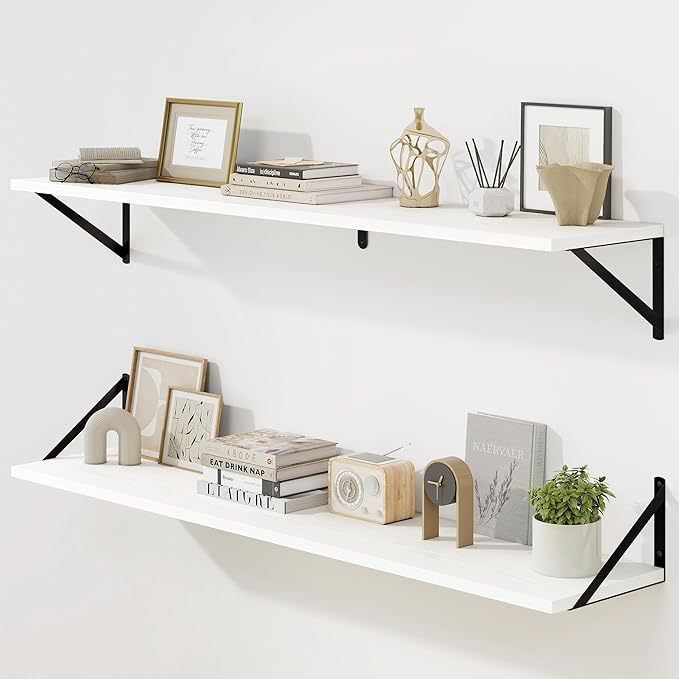 Fun Memories Deep Floating Shelves for Wall, 48W x 8D Wall Mounted Shelves Set of 2, Wide Display Ledge Shelf with Sturdy Metal Brackets for Living Room, Bathroom, Bedroom and Kitchen, White