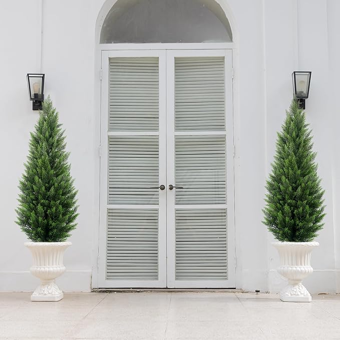 Artificial Topiary Cedar Trees 5FT Tall 2 Set, Outdoor Indoor Faux Pine Shrubs Plants, Realistic Fake Plants Front Porch Decor, Artificial Bushes Cypress for Home Front Door Offices