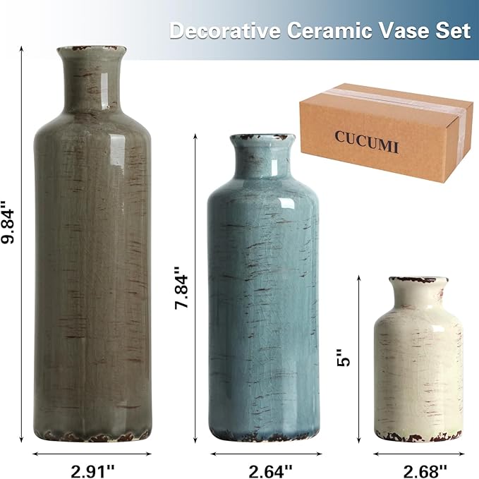 CUCUMI Ceramic Flower Vases Set of 3, Rustic Coastal Home Decor for Farmhouse Shelves, Ocean Beach Style, Mantle, Fireplace, Coffee Table, Shelf for Living Room