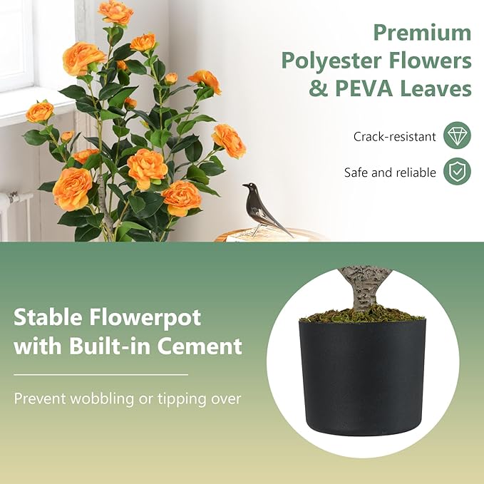 Goplus 36’’ Artificial Camellia Tree, Flower Plants Artificial Tree, Faux Floral Plant Blooming Tree in Nursery Pot, Greenery Potted Plant for Indoor Office Home Porch Decor, Orange