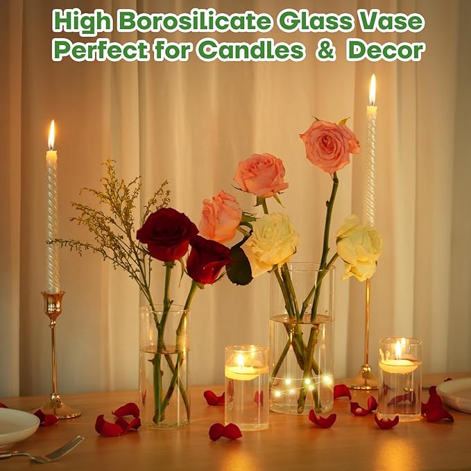 12pcs Clear Glass Cylinder Vases, 4, 6, 7.5, 10 Inch Tall Cylinder Vases for Centerpieces,Glass Flower Vase Hurricane Floating Candle Holder Vase for Table Shelf, Wedding, Party,Home & Office Decor