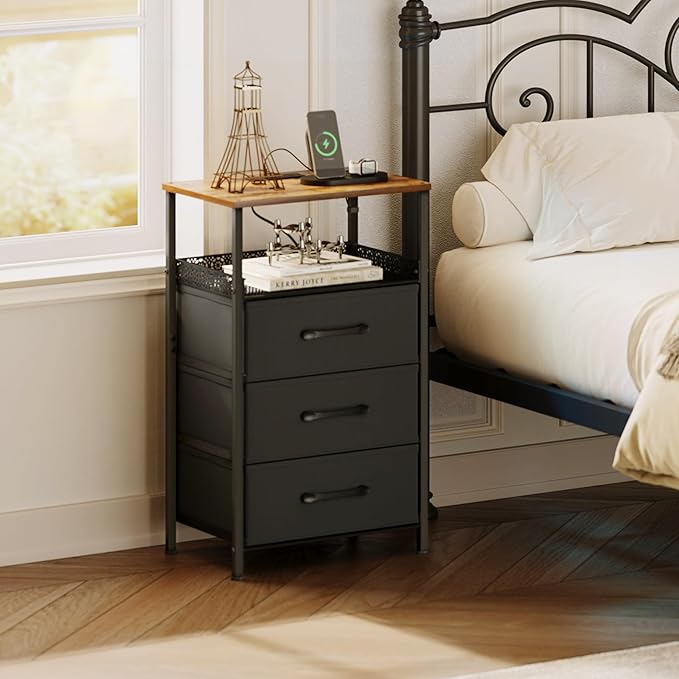 Night Stand Set 2 with Charging Station, Nightstands with 3 Fabric Drawers, End Table with Outlets and USB Ports, Side Table with Open Storage Shelf, Bedside Tables for Bedroom, Rustic Brown