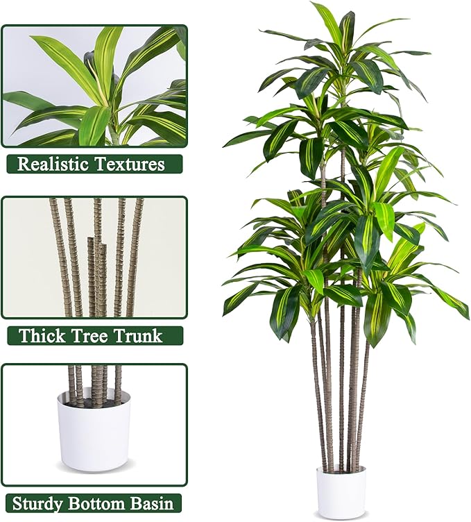 Artificial Dracaena Tree Indoor, 6FT Tall Faux Tree with Natural Wood Trunk and Lifelike Leaves, Tall Artificial Plants Indoor, Fake Plants for Home, Office, Living Room Decor