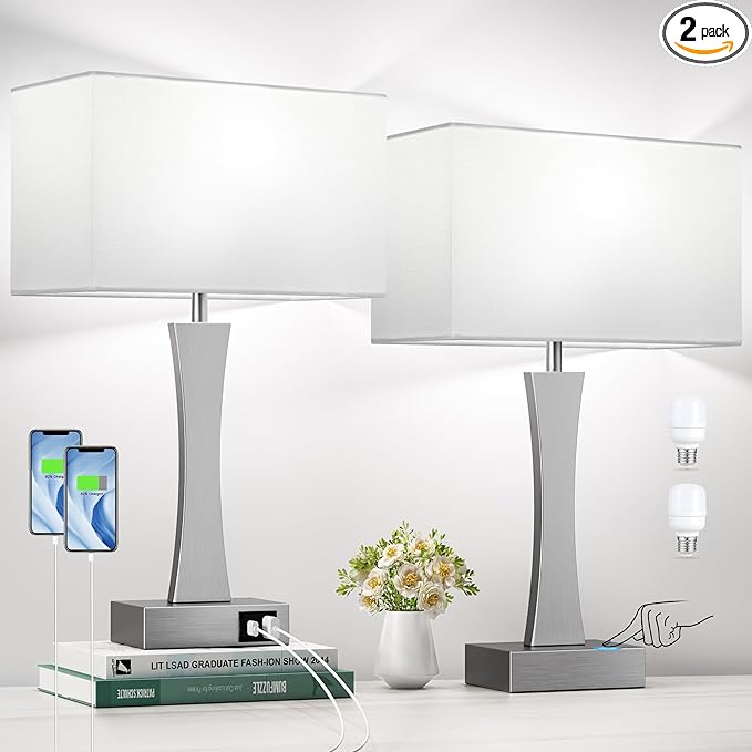 Bedside Lamps for Night Stands - 3 Way Dimmable Table Lamp for Bedroom with USB C+A Ports,Modern Bedside Lamps Set of 2, Touch Lamps for Nightstands(Silver)