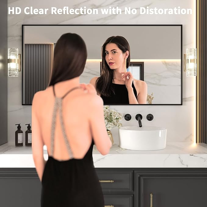 LOAAO 72"X36" Black Rectangle Bathroom Mirror Wall, Matte Black Aluminum Alloy Frame, Tempered Glass, Hangs Vertically or Horizontally, Easy to Install