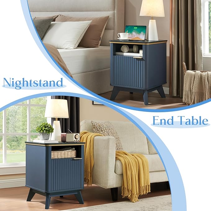 QUW Fluted Nightstand Set of 2 with Charging Station, Bedside Table with Open Storage and Cabinet, 18" Modern Side Table, End Table for Bedroom, Living Room, Navy Blue