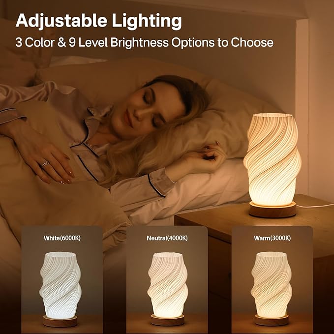 Bedside Lamp with Woodbase - Button Control Table Lamp for Bedroom 12 Way Dimmable Nightstand Lamp with PLA Lampshade for Living Room, Kids Room, College Dorm, Office (White-E, Medium)