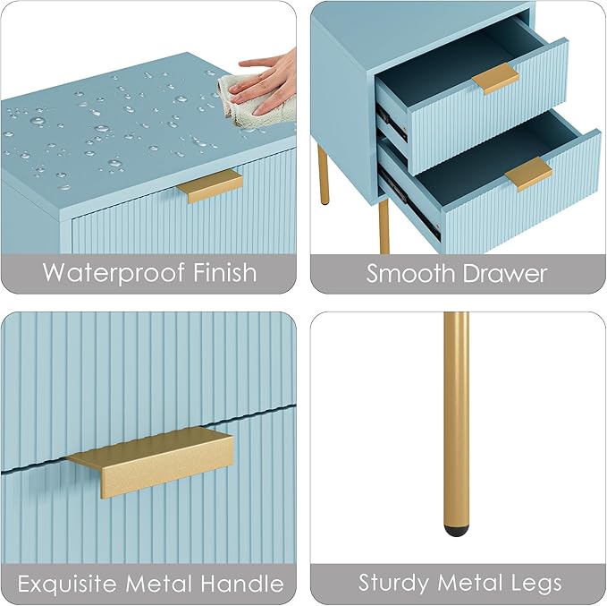 Nightstand,Morden Bedside Table with Gold Frame,Small White Night Stand,End Table,Bedside Furniture,Side Table with Drawer and Shelf for Bedroom,Living Room (2Drawers, Blue)