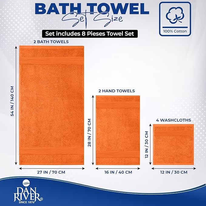 DAN RIVER 8 PC Luxury Bath Towels for Bathroom, 2 Bath, 2 Hand, and 4 Wash Cloths, 600 GSM 100% Ring Spun Cotton Towel Set, Highly Absorbent, Gym, Hotel, and Spa, Orange