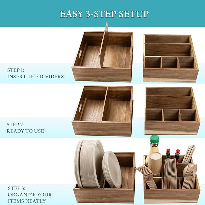2 Set of Acacia Utensil Holder for Party - Wood Utensil Caddy for Parties and Paper Plate Dispenser for Countertop - Organize Cups, Spoons, Forks, Plates, Napkins - Kitchen Accessories