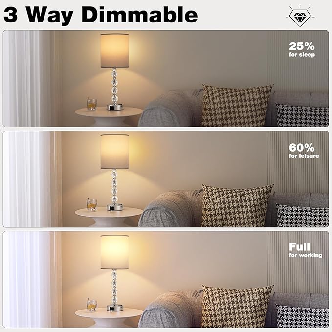 Touch Bedside Crystal Lamps for Bedrooms Nightstand with USB C+A Charging Port and AC Outlet White, 3 Way Dimmable Silver Large End Side Table Lamp for Living/Dinning Room/Kitchen/Bedroom