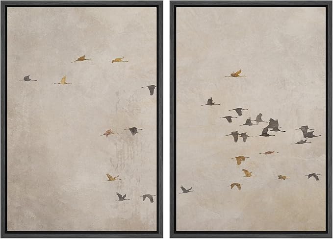 SIGNWIN Framed Canvas Print Wall Art Set Flying Birds Silhouette Minimalist Beige Illustrations Modern Minimal Decorative for Living Room, Bedroom, Office - 24"x36"x2 Black