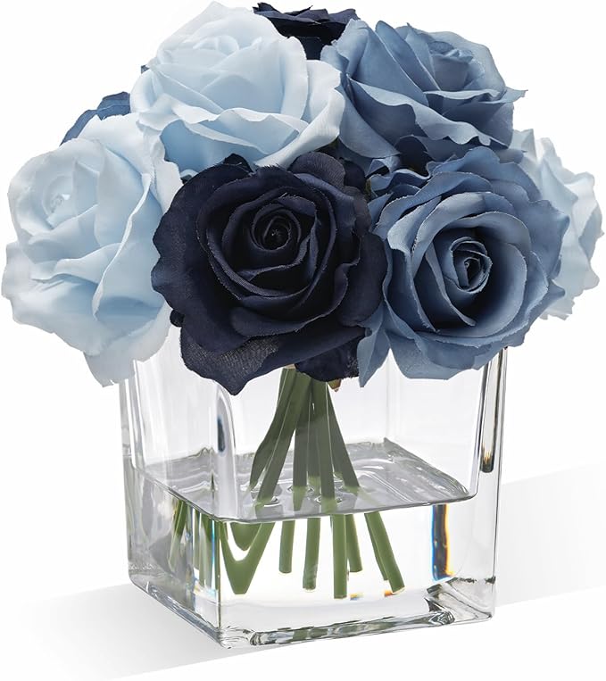 WELL KNOWN Rose Artificial Flowers in Vase with Faux Water, Silk Rose Table Centerpieces for Home Coffee Table Decor, Fake Roses Flower Arrangements for Office Hotel Lavatory Decor (Blue)