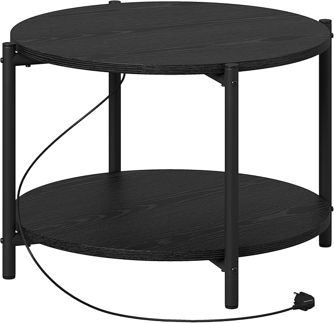 LIKIMIO Round End Table with Charging Station, 23.6" W Wooden Side Table with 2-Tier Storage, Modern Nightstand for Small Spaces, Living Room, Bedroom, Black