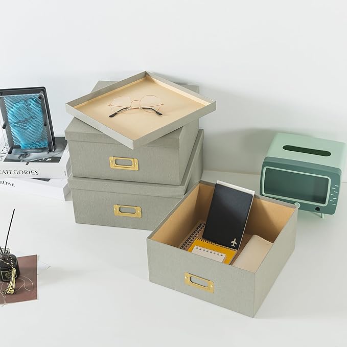 Soul & Lane Gray Kraft Paper Boxes for Storage, Set of 3 Square Stacking Boxes with Lids and Gold Label Holders, Decorative Cardboard Photo Storage for Decor and Organizing