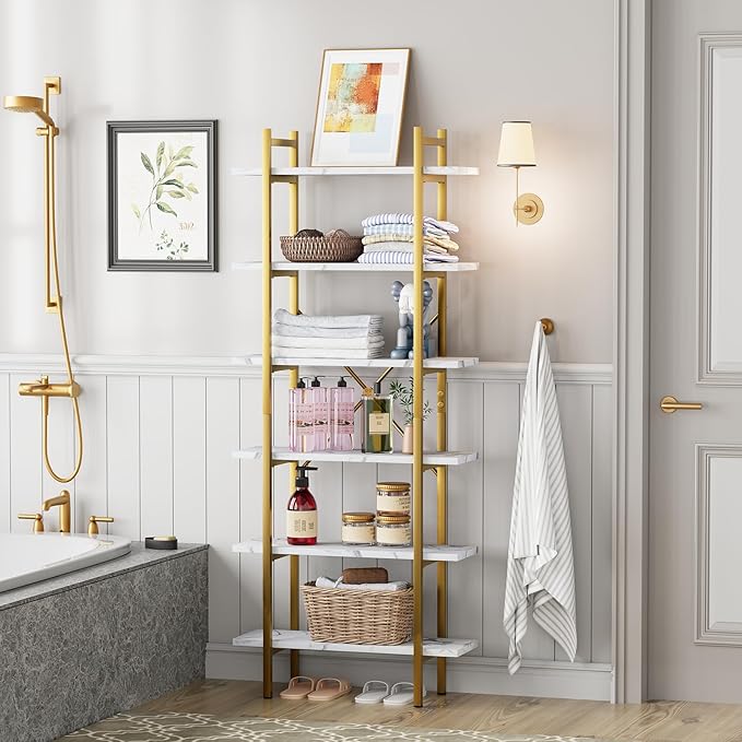 6 Tiers Bookshelf Organizer White Faux Marble Shelf,Modern Open Display Storage Bookcase, and Metal Bookshelf Standing Storage Shelf Tall Shelving Units for Home Office Study