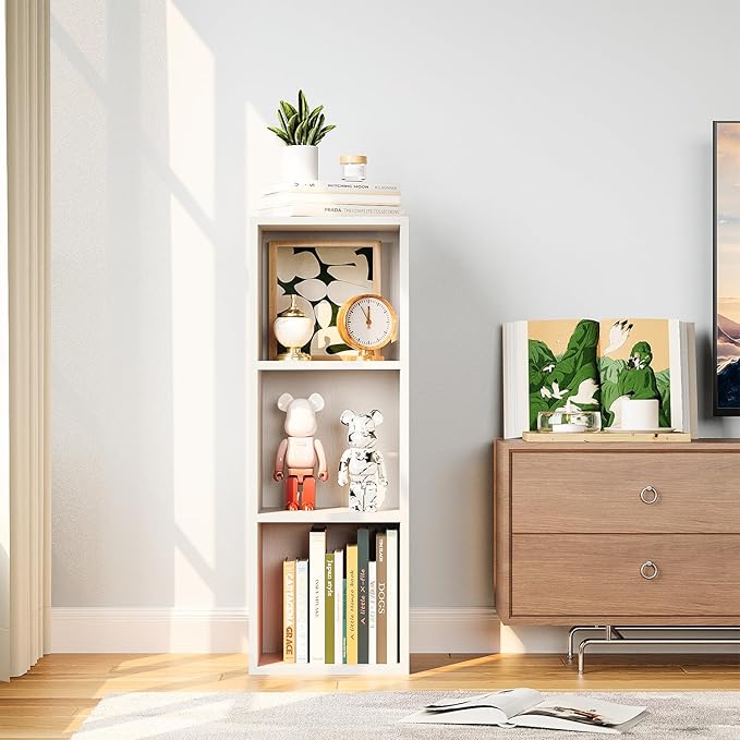 Narrow Bookshelf, 35.8" H Floor Standing Bookcase, Open Bookshelves Storage Organizer Display Shelves, Modern Corner Bookshelf Storage Cabinet for Living Room, White