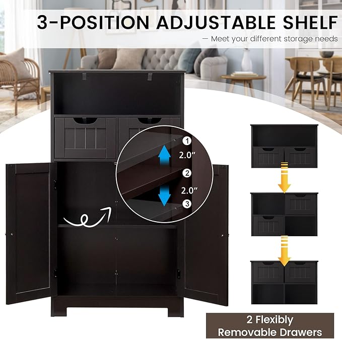 COSTWAY Bathroom Storage Cabinet, Freestanding Storage Organizer with 2 Drawers & Adjustable Shelf, Wooden Floor Cabinet for Living Room, Bedroom, Kitchen, Entryway (Brown)