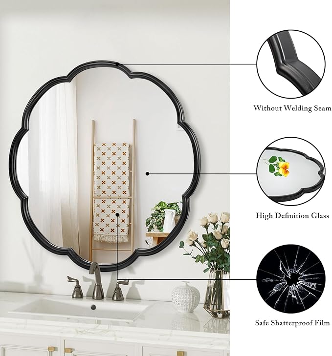 24" Black Mirrors for Wall, Flower Pattern Scalloped Decorative Accent Wall Mounted Mirror, Round Metal Frame Hanging Vanity Mirror Decor for Bathroom, Entryway, Bedroom