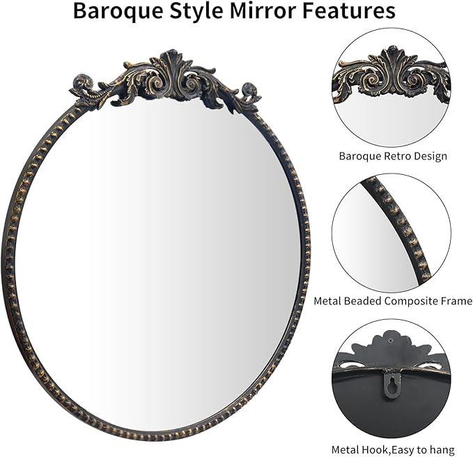 Round Mirror, 28''Baroque Style Circle Mirror Vintage Black Metal Frame Wall Mirrors for Vanity, Bathroom or Bedroom