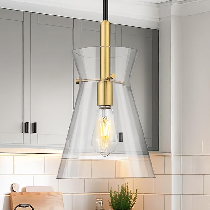 Emak Black and Gold Pendant Light Fixtures, 9 Inch Clear Glass Pendant Lights Kitchen Island, Modern Farmhouse Large Hanging Lights for for Kitchen, Dining Room, Bathroom, PL130-BKBGD-CG