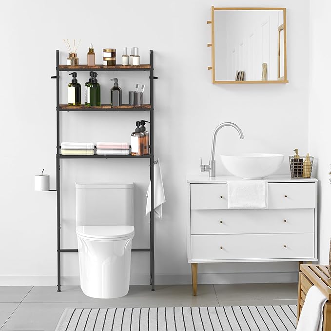 Over The Toilet Storage, Over Toilet Bathroom Organizer 3 Tier, Above Toilet Storage Rack for Bathroom Freestanding Bathroom Space Saver with Metal Frame and 4 Hooks for Laundry, Brown