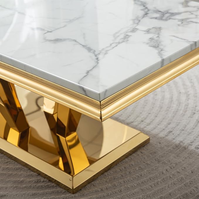 SSLine Rectangular Faux Marble Coffee Table for Living Room Modern Luxury White Marble Center Table with Gold Diamond Base 46.8" Mid-Century Cocktail Table with Mirrored Stainless Steel Frame