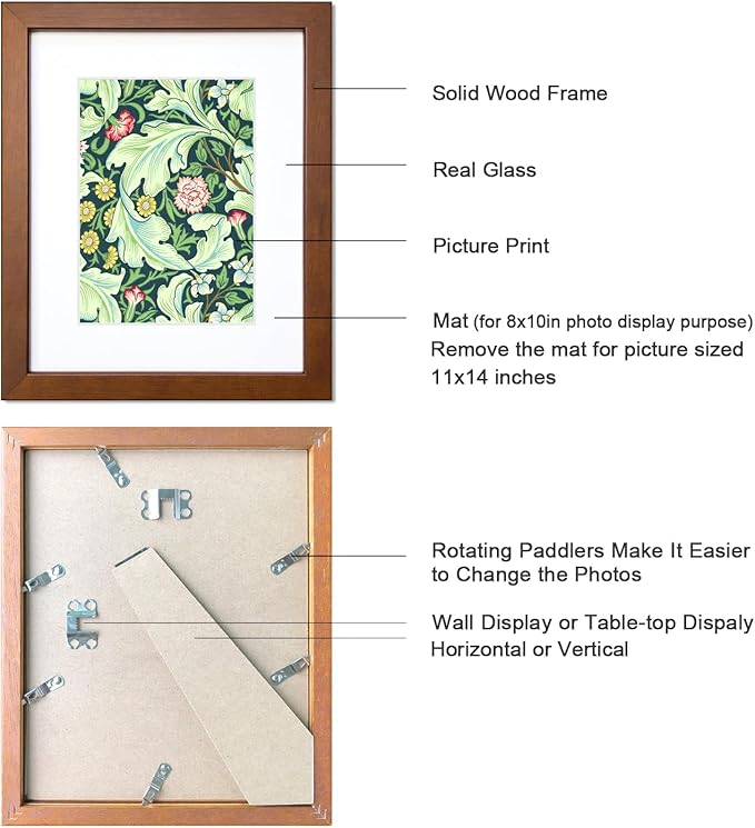 11x14 Picture Frame Set of 4 Made of Solid Wood with Real Glass for Pictures 8x10 with Mat or 11x14 Without Mat, Wall Mount or Tabletop Gallery Photo Frames, Brown