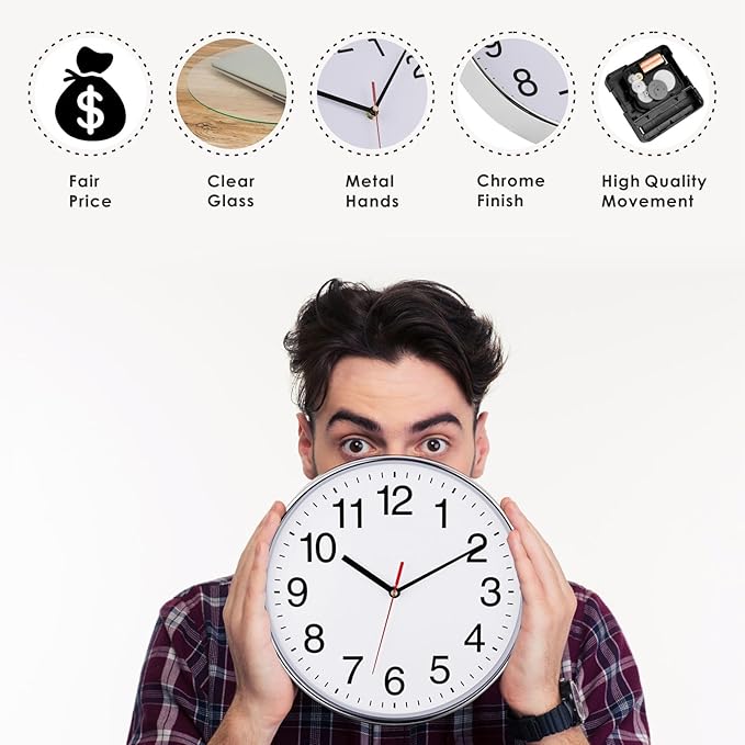 Plumeet Silent Wall Clock - 12" Non Ticking Quartz Black Wall Clocks - Simple Design Wall Clocks for Living Room Decor, Battery Operated, Chrome