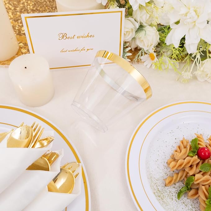 DaYammi 350PCS Gold Plastic Dinnerware Set for 50 Guests, Fancy Disposable Plates for Party, Include: 50 Dinner Plates, 50 Dessert Plates, 50 Pre Rolled Napkins with Gold Silverware, 50 Cups