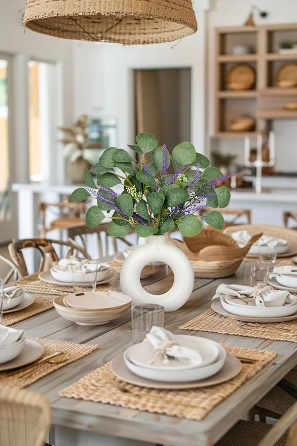 Artificial Eucalyptus Stems in Ceramic Vase 14.23" Fake Eucalyptus Plant Decor White Donut Vase with Greenery Centerpiece Table Decorations Small Faux Green Plant for Home Farmhouse Wedding Table