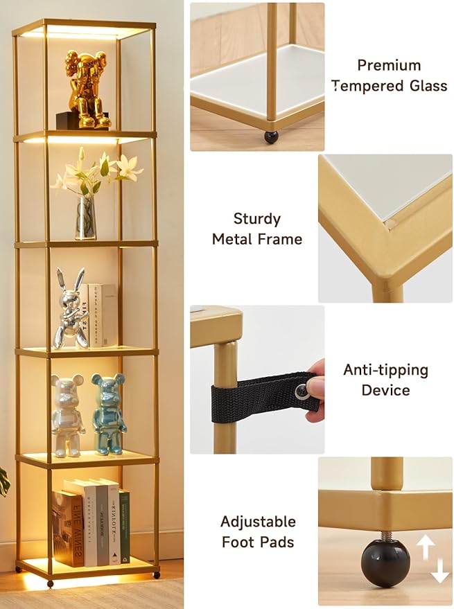 MANBUR Display Shelf with Dimmable LED Floor Lamp, Display Cabinet with Glass Bookcase, Home Decor, Bedroom Decor, Bookshelf with Light, Open Book Shelf with 6-Tier Shelf for Living Room Decor Gold